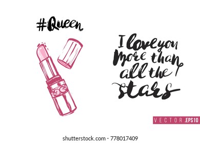 Bridal greeting card with queen lipstick and text: i love you more than all the stars. Tender pink composition for wedding, nuptials, hen-party invitation cards.