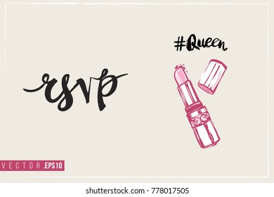 Bridal greeting card with queen lipstick and text: rsvp. Tender pink composition for wedding, nuptials, hen-party invitation cards. Isolated vector art in watercolor style.