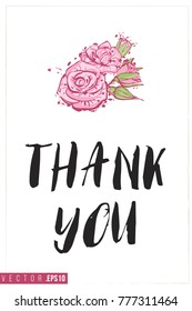 Bridal greeting card with rose flowers and text: thank you. Tender pink composition for wedding, nuptials, hen-party invitation cards. Isolated vector art in watercolor style.