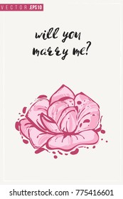 Bridal greeting card with rose and text: will you marry me. Tender pink composition for wedding, nuptials, hen-party invitation cards. Isolated vector art in watercolor style.
