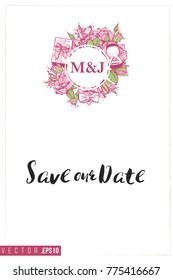 Bridal greeting card with round composition of wedding accessories and text: black save our date. Tender pink composition for wedding, nuptials, hen-party invitation cards.