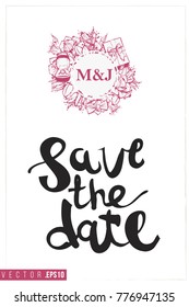 Bridal greeting card with round composition of bridal accessories and text: save the date. Tender pink composition for wedding, nuptials, hen-party invitation cards.