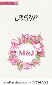 Bridal greeting card with round composition of wedding accessories and text: rsvp. Tender pink composition for wedding, nuptials, hen-party invitation cards. Isolated vector art in watercolor style.