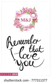 Bridal greeting card with round composition of wedding accessories and text: remember that i love you. Tender pink composition for wedding, nuptials, hen-party invitation cards.