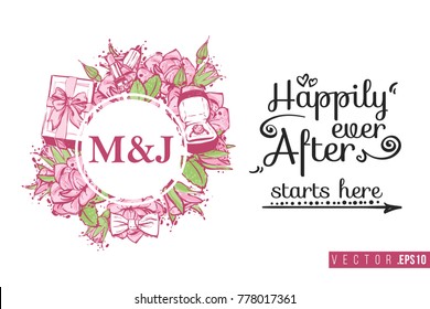 Bridal greeting card with round composition of wedding accessories and text: happily ever after starts here. Tender pink composition for wedding, nuptials, hen-party invitation cards.