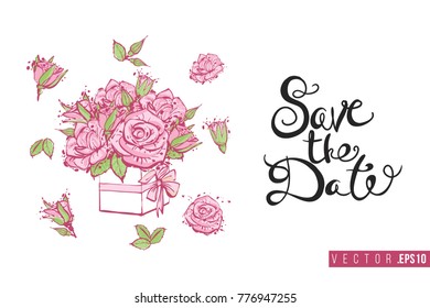Bridal greeting card with wedding flowers and text: save the date. Tender pink composition for wedding, nuptials, hen-party invitation cards. Isolated vector art in watercolor style.