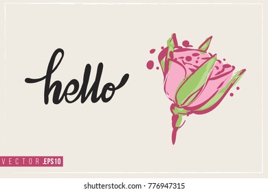 Bridal greeting card with young rose flower and text: hello. Tender pink composition for wedding, nuptials, hen-party invitation cards. Isolated vector art in watercolor style.