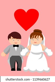 Bridal and groom in pink background with red heart.Wedding concept.