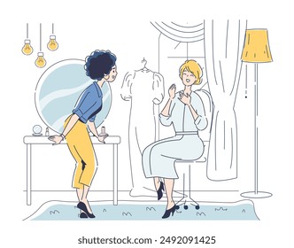 Bridal makeup concept. Woman preparing for wedding ceremony. Bride with her friend, make up artist. Beauty, aesthetics and elegance. Linear vector illustration isolated on white background