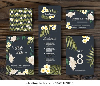 Bridal ornament concept. Vector decorative greeting card, invitation design background. RSVP card with plumeria elements. Set of Floral templates with garden blooming flowers.