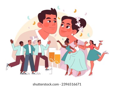 Bridal Party concept. A joyful bride and groom in focus, surrounded by dancing friends and bubbling champagne. Celebrating love with near ones. Flat vector illustration.