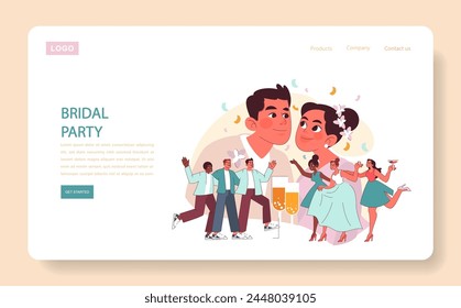 Bridal Party concept. A joyful bride and groom in focus, surrounded by dancing friends and bubbling champagne. Celebrating love with near ones. Flat vector illustration.