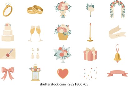 bridal party objects, marriage event decor, wedding icons.
