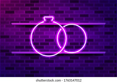 Bridal rings glowing neon sign or LED strip light. Realistic vector illustration. Purple brick wall, violet glow, metal holders.