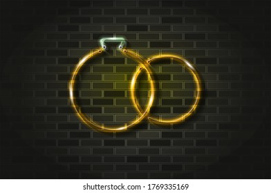 Bridal rings golden glowing neon sign or glass tube. Realistic vector illustration. Black brick wall, soft shadow.
