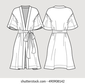 Bridal Robe. Sleeve Satin Kimono Robe. Silk Bathrobe For Women. Isolated Vector. Front And Back Views.