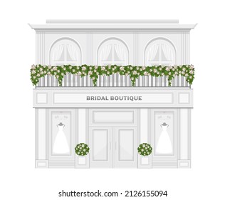 Bridal salon shop building. Vector wedding store facade wide showcase and mannequins in white dresses. Fashion boutique front window with models in vitrine. Fashionable gowns for brides marriage event