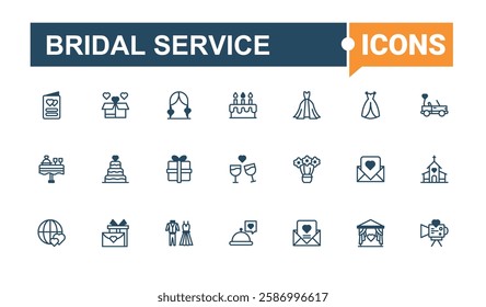 Bridal Service collection. Contains related to budget, party, formal, team, man, business, management, car. Minimalistic icon. Editable vector outline and solid icons.