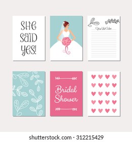 Bridal set of cards for wedding and bridal shower. Vector templates for scrapbooking, greeting / gift cards, patterns, art decoration etc.