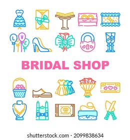 Bridal Shop Fashion Boutique Icons Set Vector. Dress For Bride And Costume For Groom, Garment For Bridesmaid And Candles, Ring And Wedding Album Selling In Bridal Shop Line. Color Illustrations