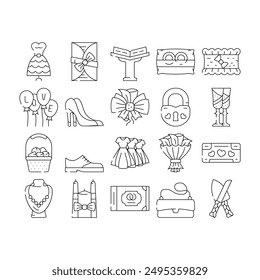 Bridal Shop Fashion Boutique Icons Set Vector. Dress For Bride And Costume For Groom, Garment For Bridesmaid And Candles, Ring And Wedding Album Selling In Bridal Shop Black Contour Illustrations