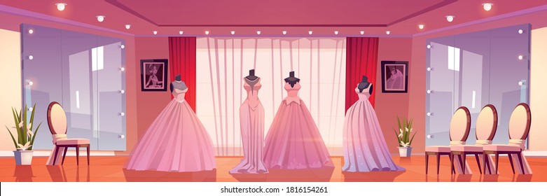 Bridal shop interior with wedding dresses on mannequins and large mirrors with lighting. Empty boutique for selling bride gowns, showroom with fashioned women dressing, Cartoon vector illustration