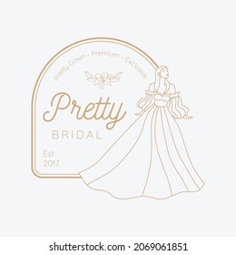 bridal shop logos in simple luxury design with gown dress for wedding shop or boutique