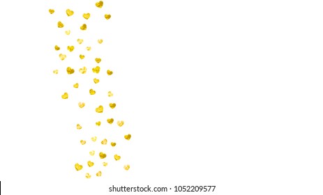 Bridal shower background with gold glitter hearts. Valentine day. Vector confetti. Hand drawn. Love theme for poster, gift certificate, banner. Wedding and bridal shower template with heart