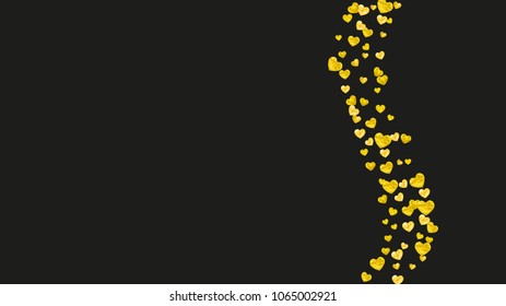 Bridal shower background with gold glitter hearts. Valentine day. Vector confetti. Hand drawn. Love theme for flyer, special business offer, promo. Wedding and bridal shower template with heart