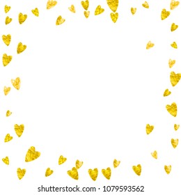 Bridal shower background with gold glitter hearts. Valentine day. Vector confetti. Hand drawn. Love theme for poster, gift certificate, banner. Wedding and bridal shower template with heart
