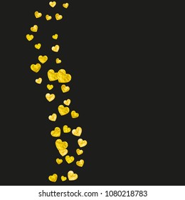 Bridal shower background with gold glitter hearts. Valentine day. Vector confetti. Hand drawn. Love theme for flyer, special business offer, promo. Wedding and bridal shower template with heart