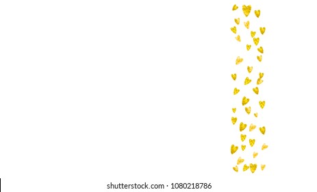 Bridal shower background with gold glitter hearts. Valentine day. Vector confetti. Hand drawn. Love theme for poster, gift certificate, banner. Wedding and bridal shower template with heart