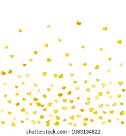 Bridal shower background with gold glitter hearts. Valentine day. Vector confetti. Hand drawn. Love theme for party invite, retail offer and ad. Wedding and bridal shower template with heart