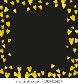 Bridal shower background with gold glitter hearts. Valentine day. Vector confetti. Hand drawn. Love theme for poster, gift certificate, banner. Wedding and bridal shower template with heart