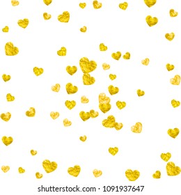 Bridal shower background with gold glitter hearts. Valentine day. Vector confetti. Hand drawn. Love theme for gift coupons, vouchers, ads, events. Wedding and bridal shower template with heart