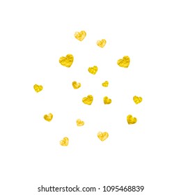 Bridal shower background with gold glitter hearts. Valentine day. Vector confetti. Hand drawn. Love theme for poster, gift certificate, banner. Wedding and bridal shower template with heart