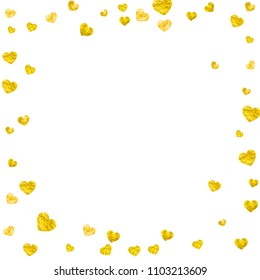 Bridal shower background with gold glitter hearts. Valentine day. Vector confetti. Hand drawn. Love theme for voucher, special business banner. Wedding and bridal shower template with heart