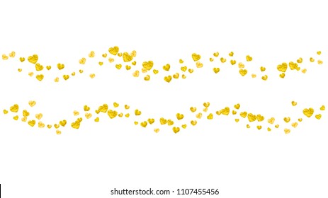 Bridal shower background with gold glitter hearts. Valentine day. Vector confetti. Hand drawn. Love theme for gift coupons, vouchers, ads, events. Wedding and bridal shower template with heart