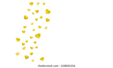 Bridal shower background with gold glitter hearts. Valentine day. Vector confetti. Hand drawn. Love theme for gift coupons, vouchers, ads, events. Wedding and bridal shower template with heart