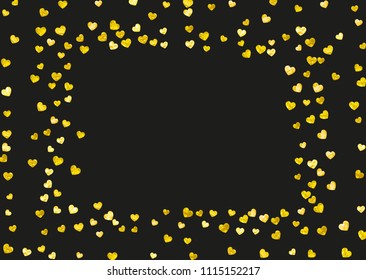 Bridal shower background with gold glitter hearts. Valentine day. Vector confetti. Hand drawn. Love theme for party invite, retail offer and ad. Wedding and bridal shower template with heart