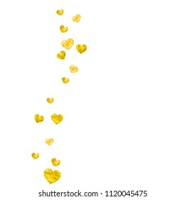Bridal shower background with gold glitter hearts. Valentine day. Vector confetti. Hand drawn. Love theme for party invite, retail offer and ad. Wedding and bridal shower template with heart