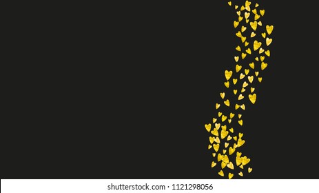Bridal shower background with gold glitter hearts. Valentine day. Vector confetti. Hand drawn. Love theme for poster, gift certificate, banner. Wedding and bridal shower template with heart