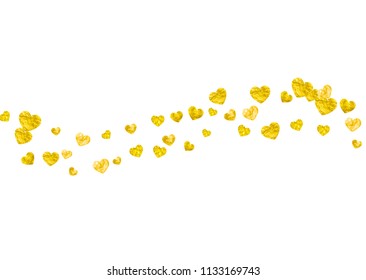Bridal shower background with gold glitter hearts. Valentine day. Vector confetti. Hand drawn. Love theme for party invite, retail offer and ad. Wedding and bridal shower template with heart