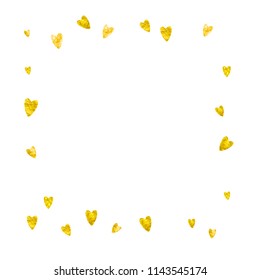 Bridal shower background with gold glitter hearts. Valentine day. Vector confetti. Hand drawn. Love theme for voucher, special business banner. Wedding and bridal shower template with heart