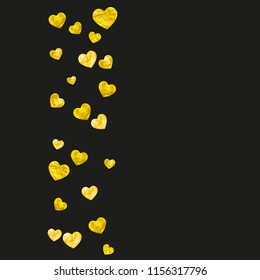 Bridal shower background with gold glitter hearts. Valentine day. Vector confetti. Hand drawn. Love theme for poster, gift certificate, banner. Wedding and bridal shower template with heart