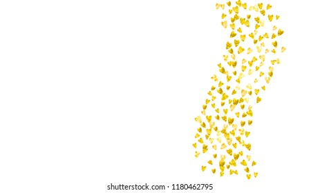 Bridal shower background with gold glitter hearts. Valentine day. Vector confetti. Hand drawn. Love theme for poster, gift certificate, banner. Wedding and bridal shower template with heart