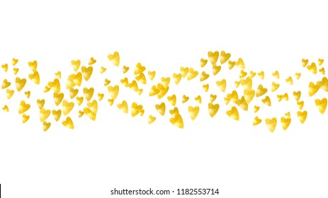 Bridal shower background with gold glitter hearts. Valentine day. Vector confetti. Hand drawn. Love theme for voucher, special business banner. Wedding and bridal shower template with heart