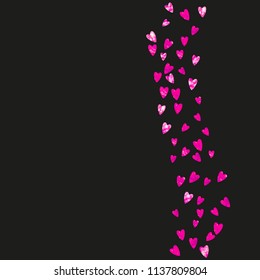 Bridal shower background with pink glitter hearts. Valentine day. Vector confetti. Hand drawn. Love theme for poster, gift certificate, banner. Wedding and bridal shower template with heart