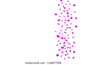 Bridal shower background with pink glitter hearts. Valentine day. Vector confetti. Hand drawn. Love theme for flyer, special business offer, promo. Wedding and bridal shower template with heart