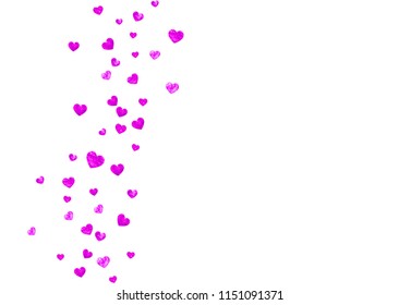 Bridal shower background with pink glitter hearts. Valentine day. Vector confetti. Hand drawn. Love theme for flyer, special business offer, promo. Wedding and bridal shower template with heart